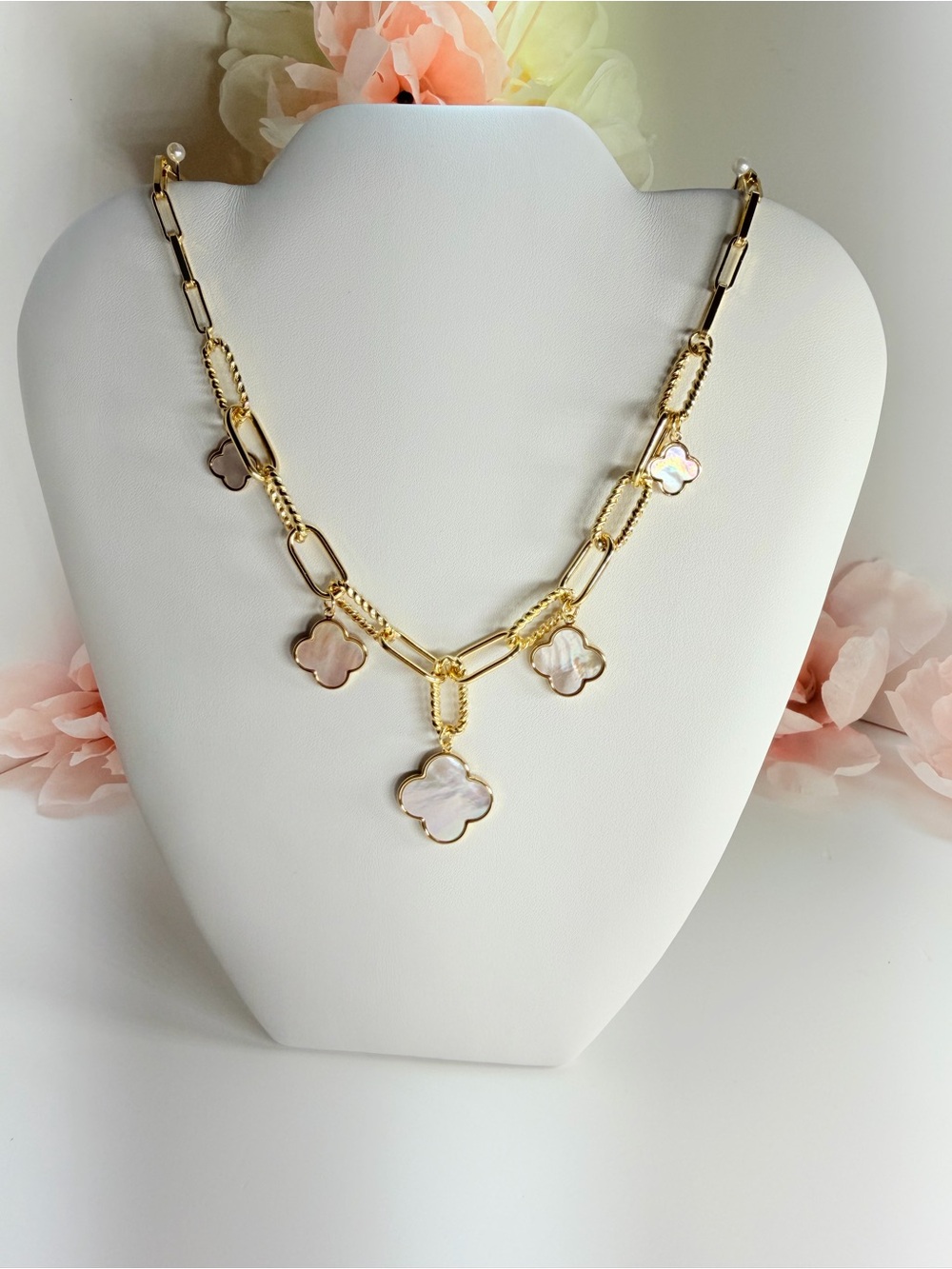 Gold dipped , Gold Necklace with Mother-of-Pearl Clover Charms - Women Jewelry